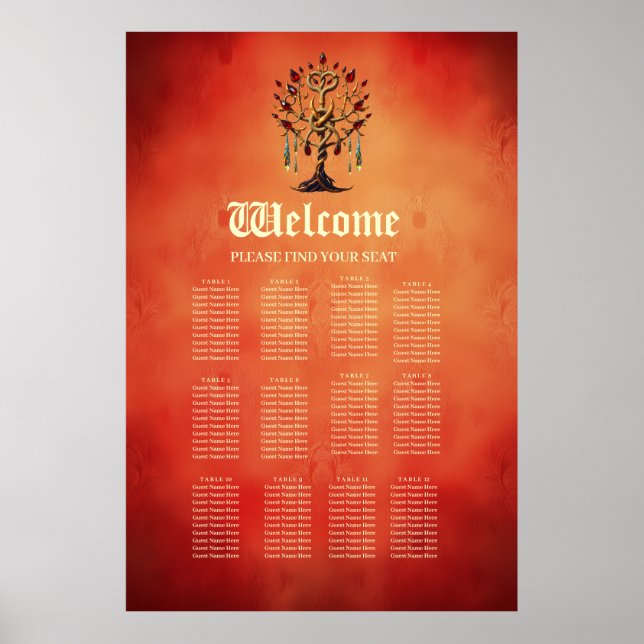 Golden Livets träd med Red Gemstones Poster (Framsidan)