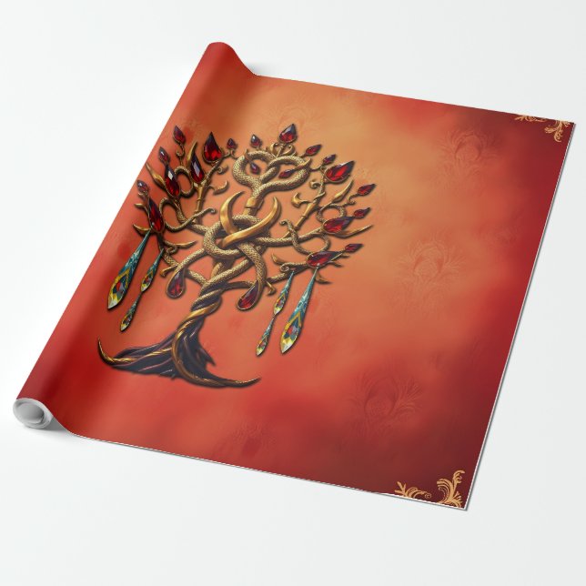 Golden Livets träd med Red Gemstones Presentpapper (Utrullad)