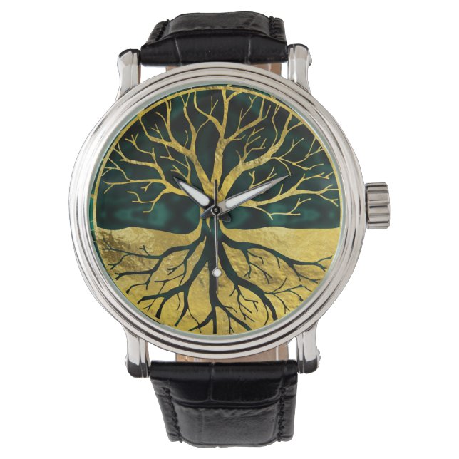 Golden Livets träd Yggdrasil på Malachite Armbandsur (Framsida)