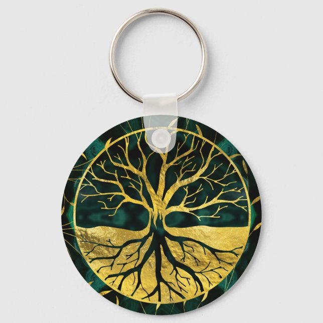 Golden Livets träd Yggdrasil på Malachite Nyckelring (Framsida)