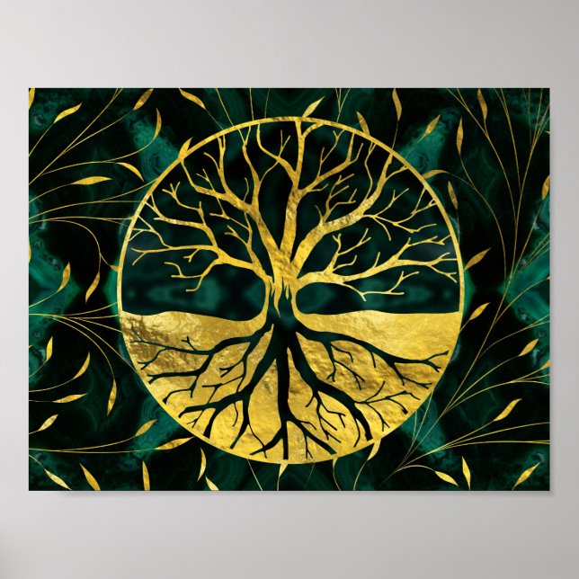 Golden Livets träd Yggdrasil på Malachite Poster (Framsidan)