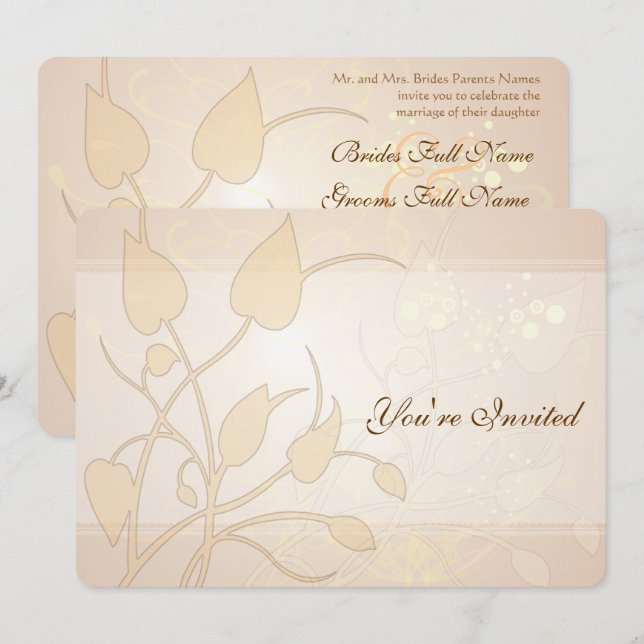 Golden Ljus Swirl Lövs bröllopsinbjudan Inbjudningar (Fram/baksida)