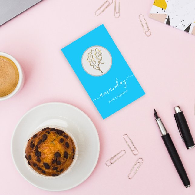 Golden Logotyp Hairdresser Makeup Artist Blue Visitkort (Golden Logo Hairdresser Makeup Artist Blue Business Card)