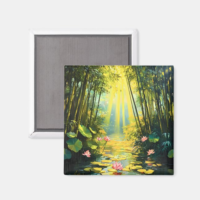 Golden Lotus Bamboo Forest Watercolor Magnet (Front/Back)