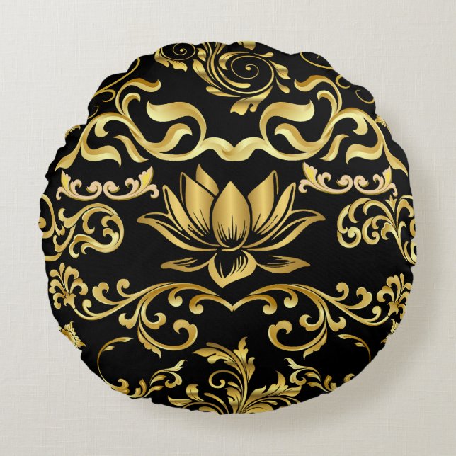 Golden Lotus & blommönster 2508 Rund Kudde (Framsidan)