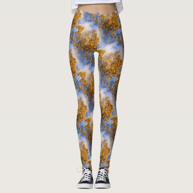 Golden Löv Blå himmel Nature Mönster Leggings (Framsida)