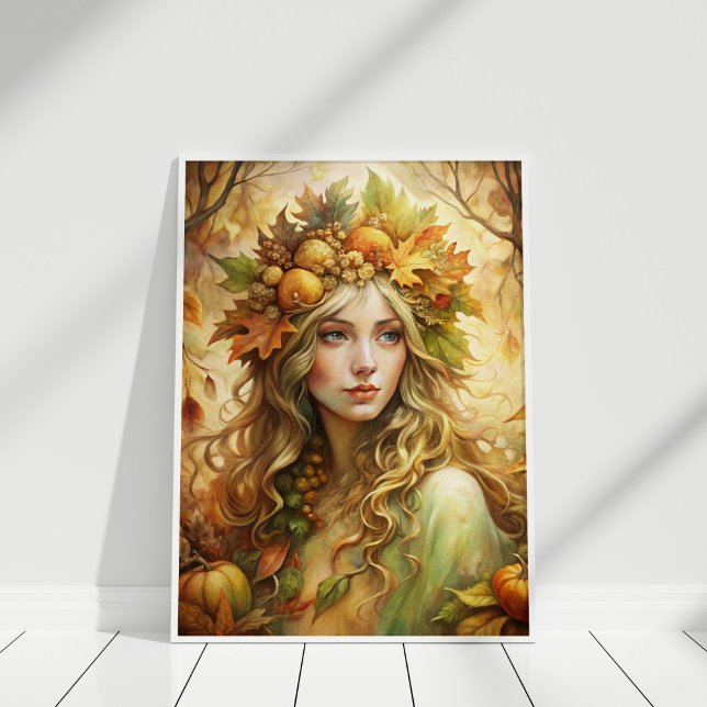 Golden Löv Fairy - Etheral Autumn Wall Art Print Poster (Golden Leaf Fairy – Ethereal Autumn Wall Art Print in a white wooden frame)