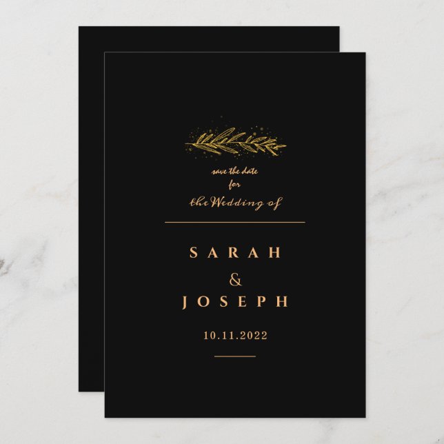 Golden Löv Gren Sparkles Elegant Black Bröllop Spara Datumet (Fram/baksida)