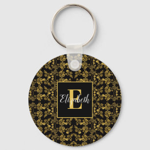 Golden löv och svart lyx Monogramanpassningsbar Nyckelring