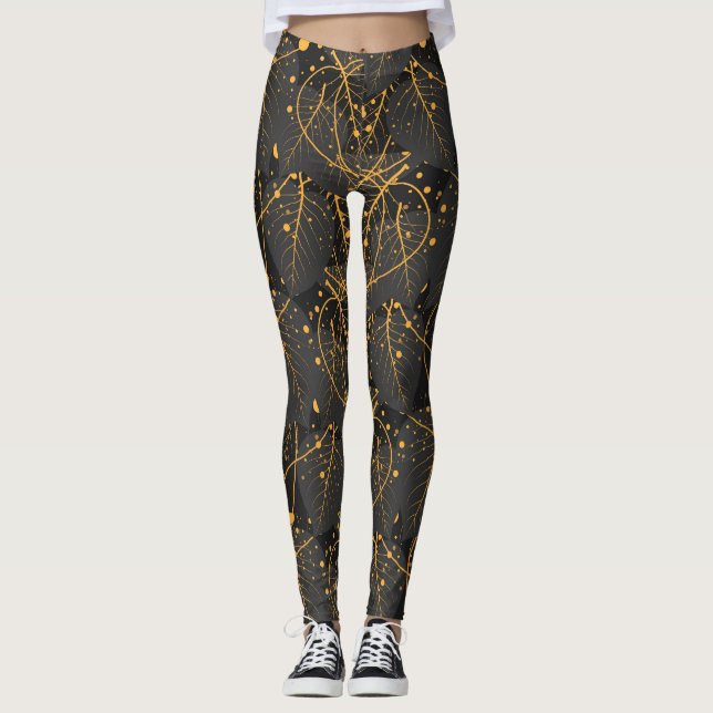 Golden lövs mönster-balkar leggings (Framsida)
