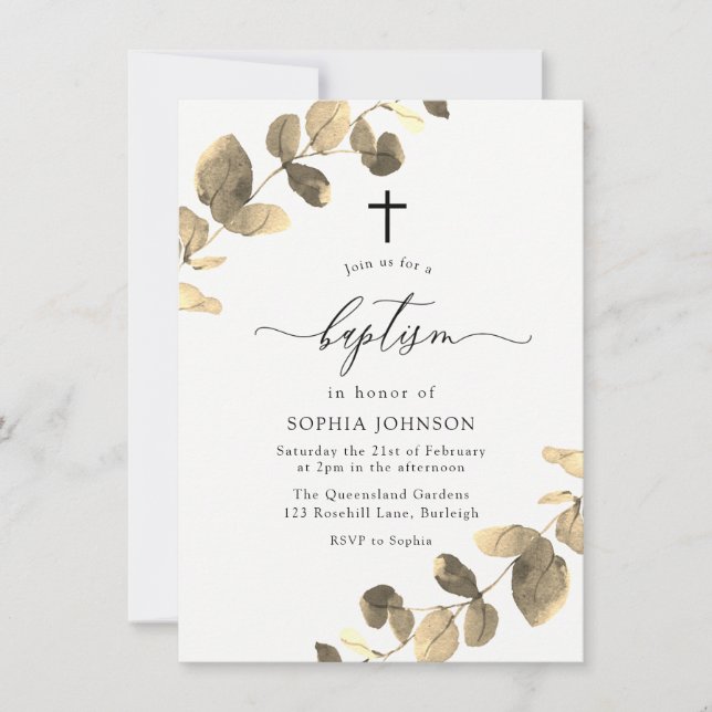 Golden Lövs White Simple Kor Baptism Inbjudningar (Framsida)