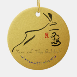Golden Lunar China Rabbit Year 2023 CO Ceramic O Julgransprydnad Keramik