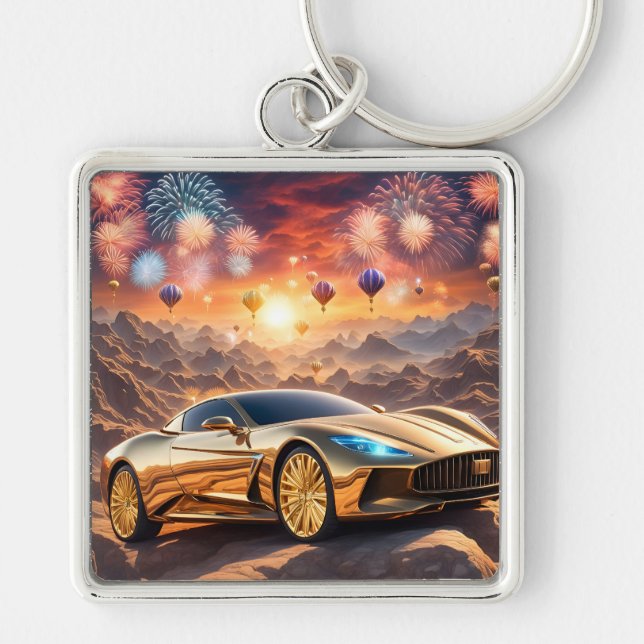 golden luxury car in a desert landscape fyrkantig silverfärgad nyckelring (Framsidan)
