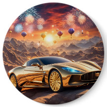 golden luxury car in a desert landscape