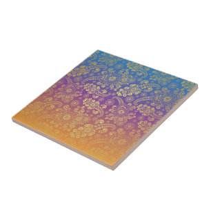 Golden Luxury Paisley om Blue, Lila och Orange Kakelplatta
