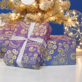 Golden Luxury Paisley om Blue, Lila och Orange Presentpapper