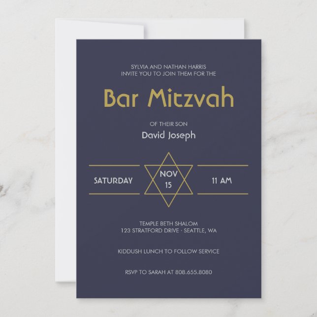 Golden Magen navy blue David Pub Mitzvah Inbjudningar (Framsida)