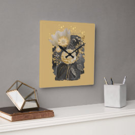 Golden Magical Floral Bouquet in Silver Frame Fyrkantig Klocka