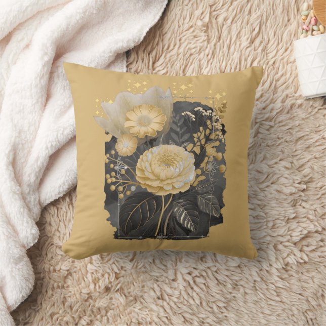 Golden Magical Floral Bouquet in Silver Frame Kudde (Filt)