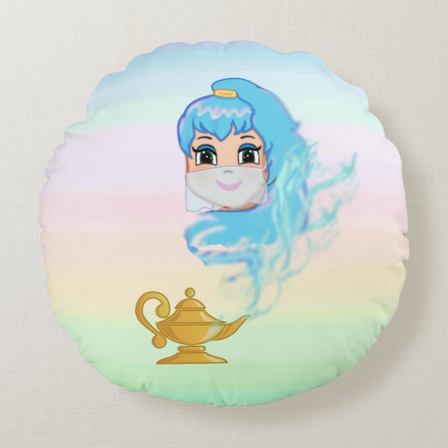 Golden magiska lampa och genie på pastel färg rund kudde (Framsidan)