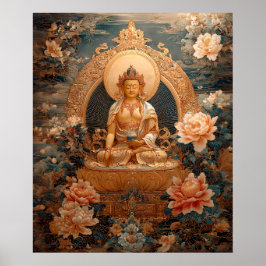 Golden Maitreya Buddha Rosa Flowers Illustration Poster