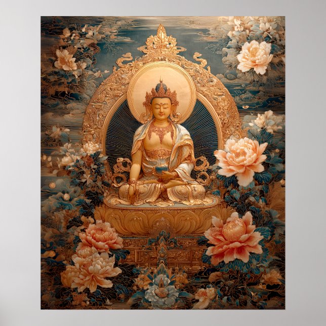 Golden Maitreya Buddha Rosa Flowers Illustration Poster (Framsidan)