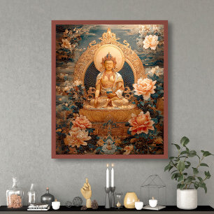 Golden Maitreya Buddha Rosa Flowers Illustration Poster