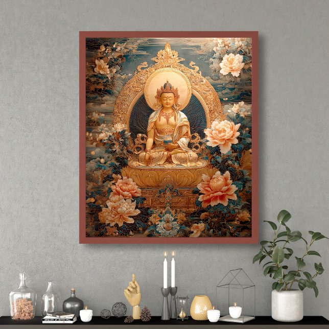 Golden Maitreya Buddha Rosa Flowers Illustration Poster (Skapare uppladdad)