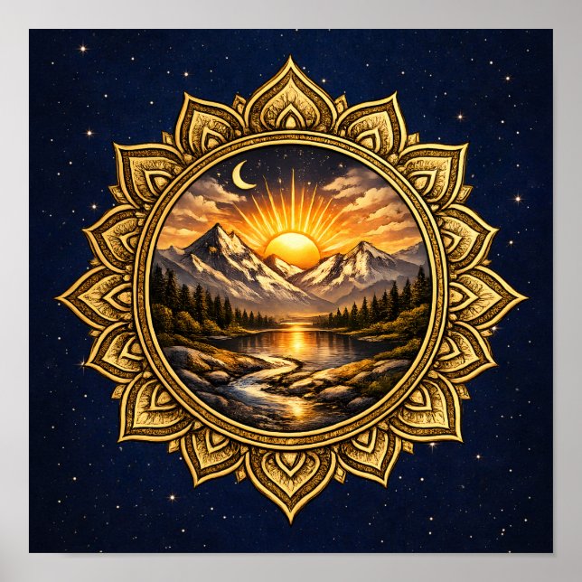 Golden Mandala Mountain Sunset Cosmic Boho Nature Poster (Framsidan)
