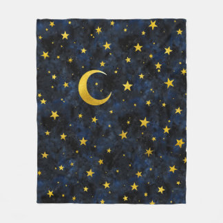 Golden Måne och Stars på Mörk blått Marble Fleecefilt