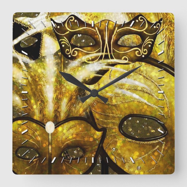 Golden Mardi Gras Mask Wall Clock Fyrkantig Klocka (Framsida)