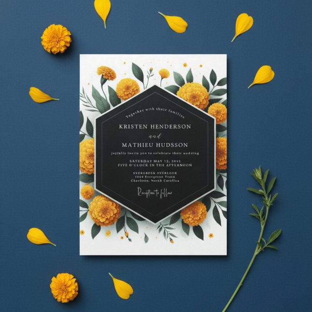 Golden Marigold Botanical Romance Wedding Inbjudningar (Skapare uppladdad)