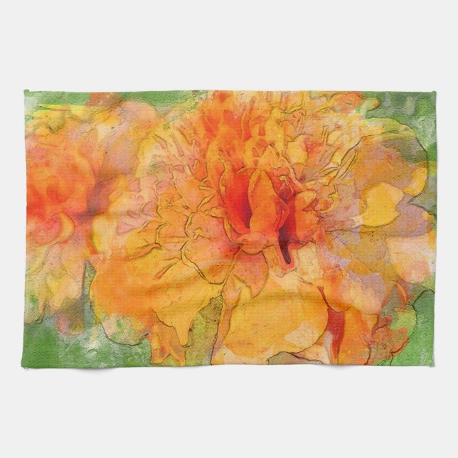 Golden Marigold Flower Watercolor Kökshandduk (Horisontell)