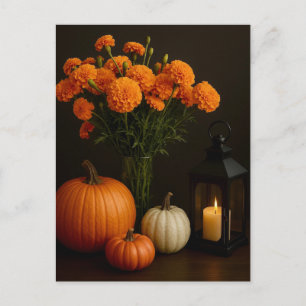 Golden Marigolds Pumpkin Glow Candlelight Postcard Vykort