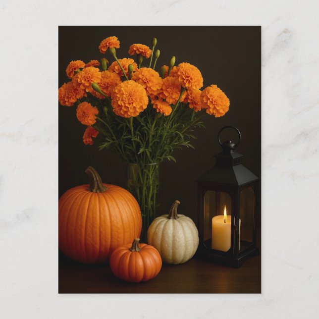 Golden Marigolds Pumpkin Glow Candlelight Postcard Vykort (Framsida)