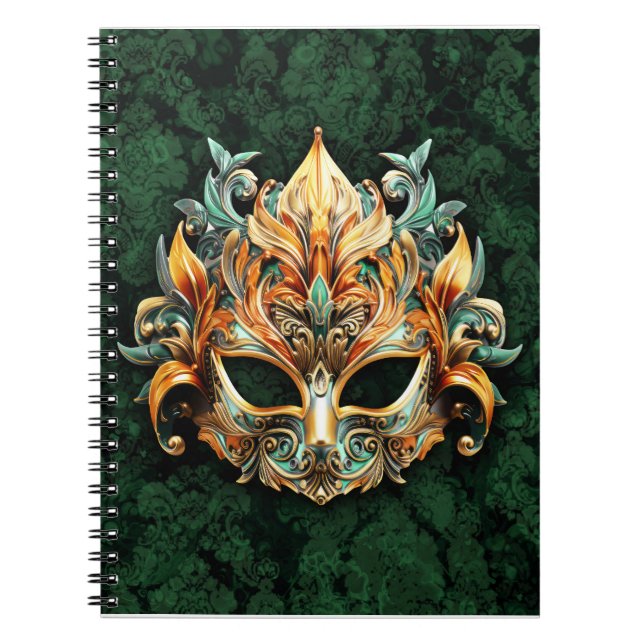 Golden Mask on Forest Green Background Anteckningsbok (Framsidan)