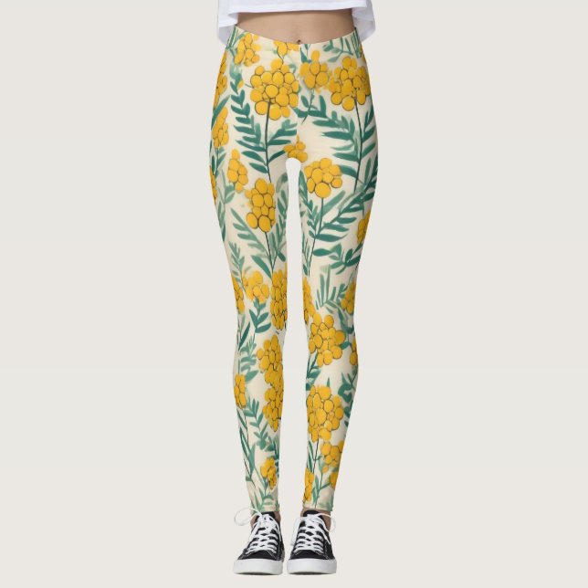 Golden Meadow: Cheerful Tansy Blooms Leggings (Framsida)