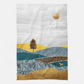 Golden Meadow med Träd och Hjort Kökshandduk