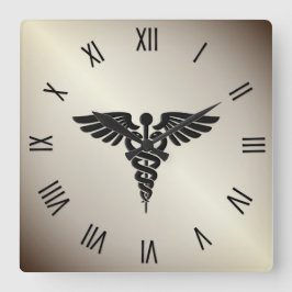 Golden Medical Caduceus w Black numbers Fyrkantig Klocka