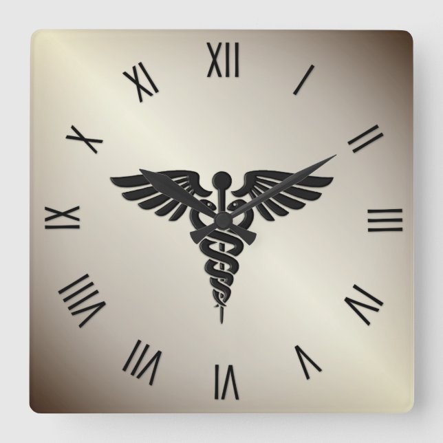 Golden Medical Caduceus w Black numbers Fyrkantig Klocka (Framsida)