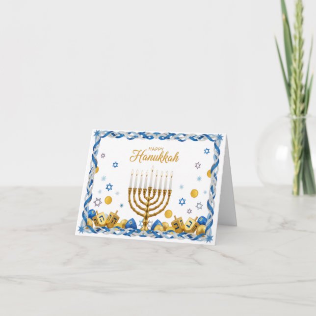 Golden Menorah & Dreidel — Happy Hanukkah Card Tack Kort (Framsida)