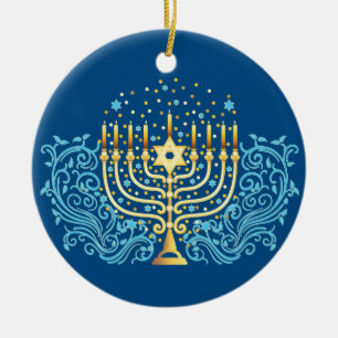 Golden menorah Hanukkah hälsning festival för lj Julgransprydnad Keramik