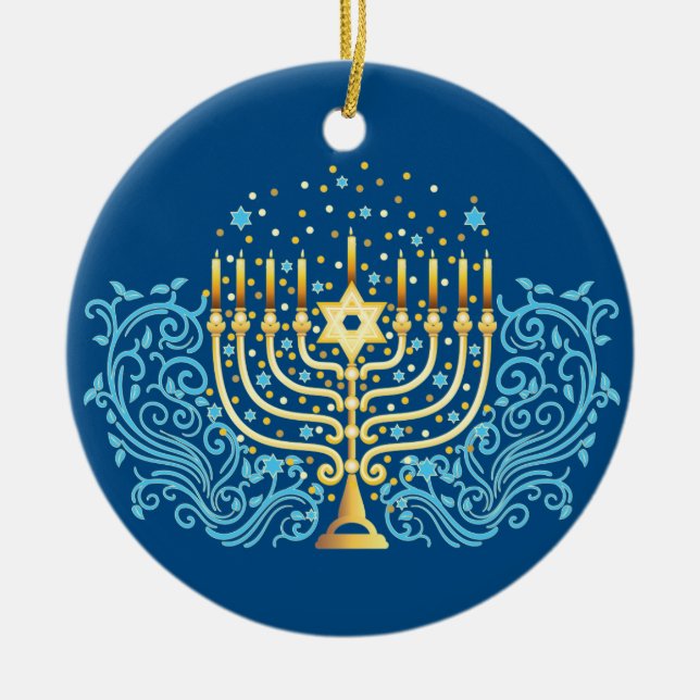 Golden menorah Hanukkah hälsning-festival för ljus Julgransprydnad Keramik (Framsidan)