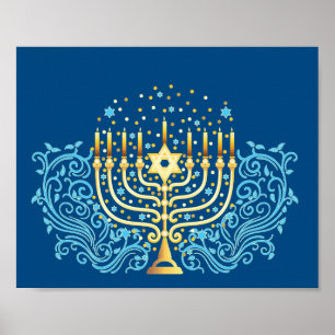Golden menorah Hanukkah hälsning-festival för ljus Poster