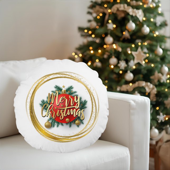 Golden Merry Christmas Personalized Round Pillow Rund Kudde (Skapare uppladdad)