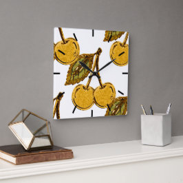 Golden Metallic Cherries Pattern Fyrkantig Klocka
