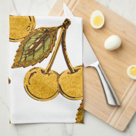 Golden Metallic Cherries Pattern Kökshandduk