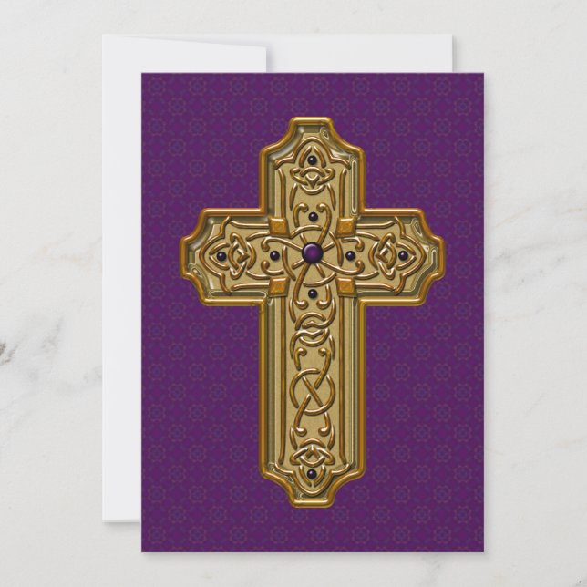 Golden Metallic Cross Purple Decorative Background Julkort (Framsida)