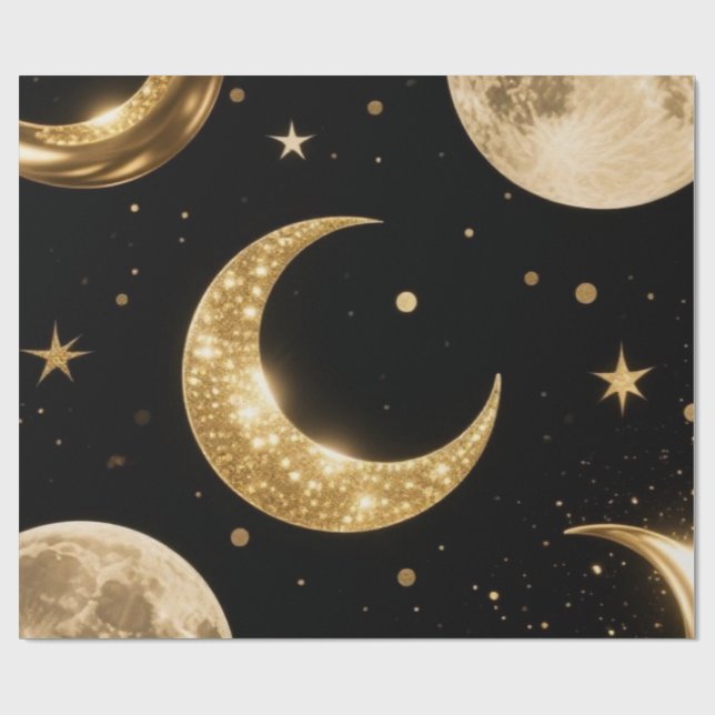 Golden Metallic Måne Mönster,Luxe Celestial Presentpapper (Platt)