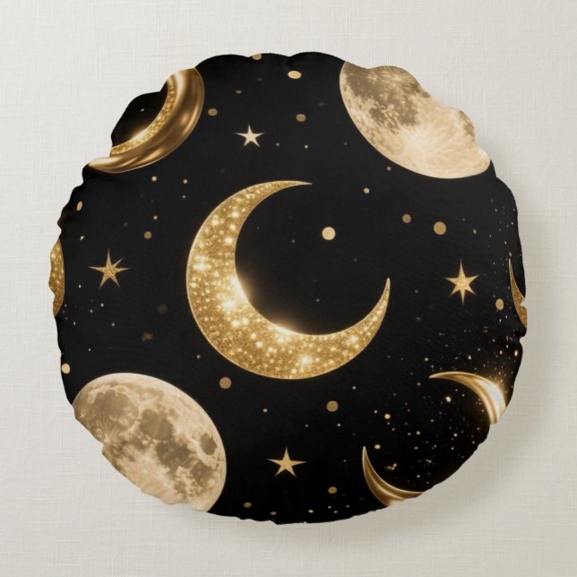 Golden Metallic Måne Mönster,Luxe Celestial Rund Kudde (Framsidan)